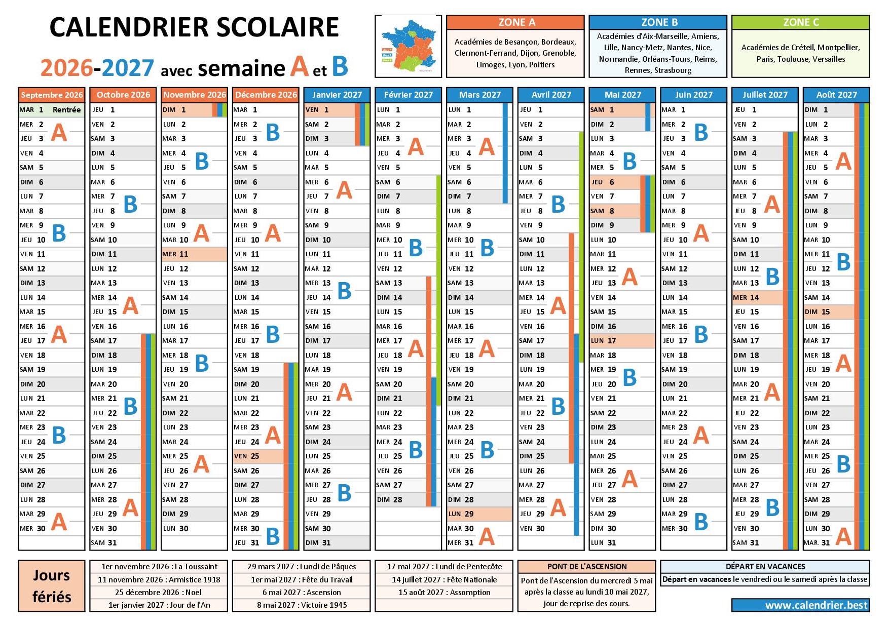 Calendrier scolaire 2026-2027 avec semaines A et B, vacances par zone et jours fériés