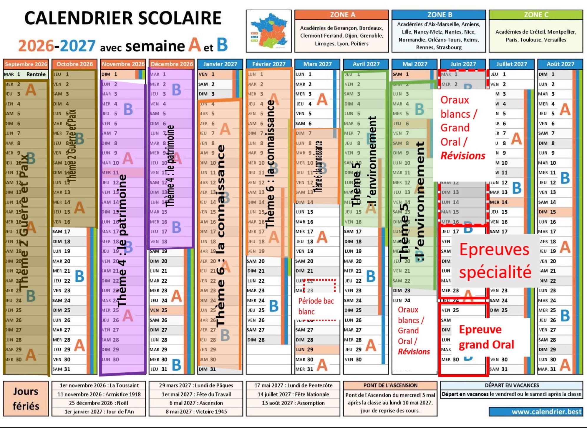 Calendrier 2026-2027 annoté : thèmes de HGGSP en Terminale, bac blanc, oraux blancs et épreuves