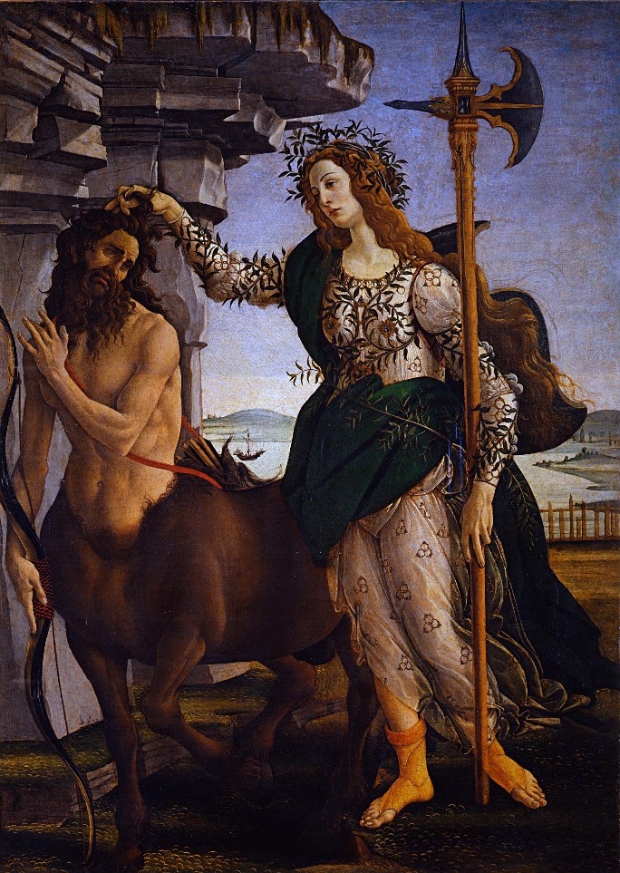 Botticelli, Pallas et le Centaure : Pallas, couronnée d'olivier et armée d'une hallebarde, tient un centaure par les cheveux