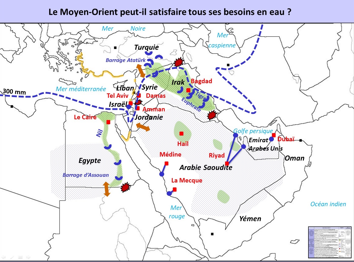 Carte : Le Moyen-Orient peut-il satisfaire tous ses besoins en eau ? (fleuves, barrages, zones irriguées, tensions)