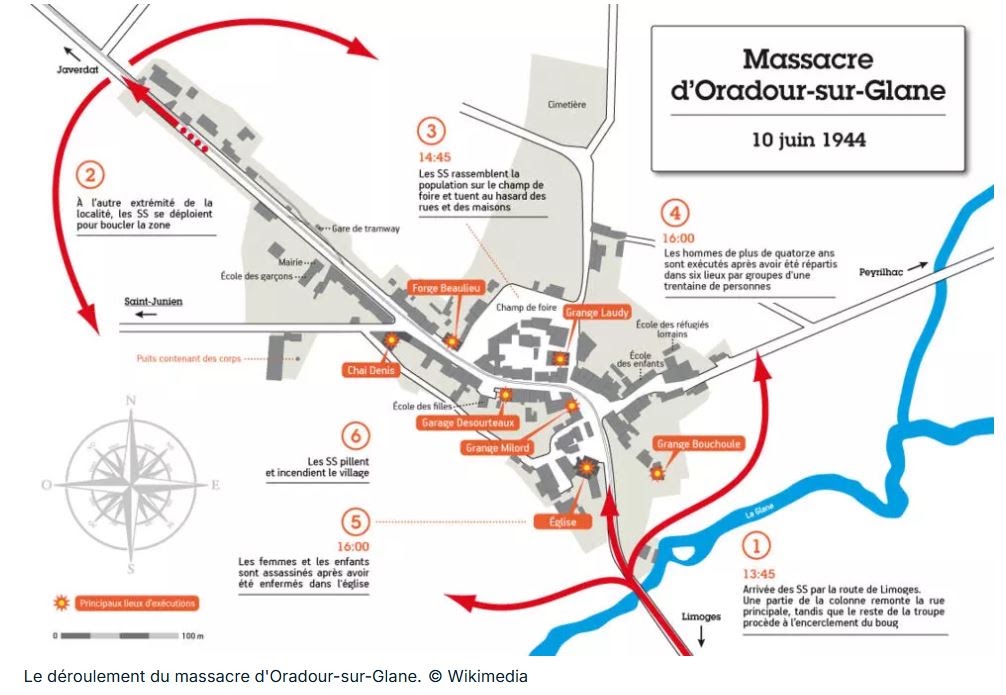 Plan du massacre d'Oradour-sur-Glane, 10 juin 1944 : déroulement heure par heure dans le village (© Wikimedia)